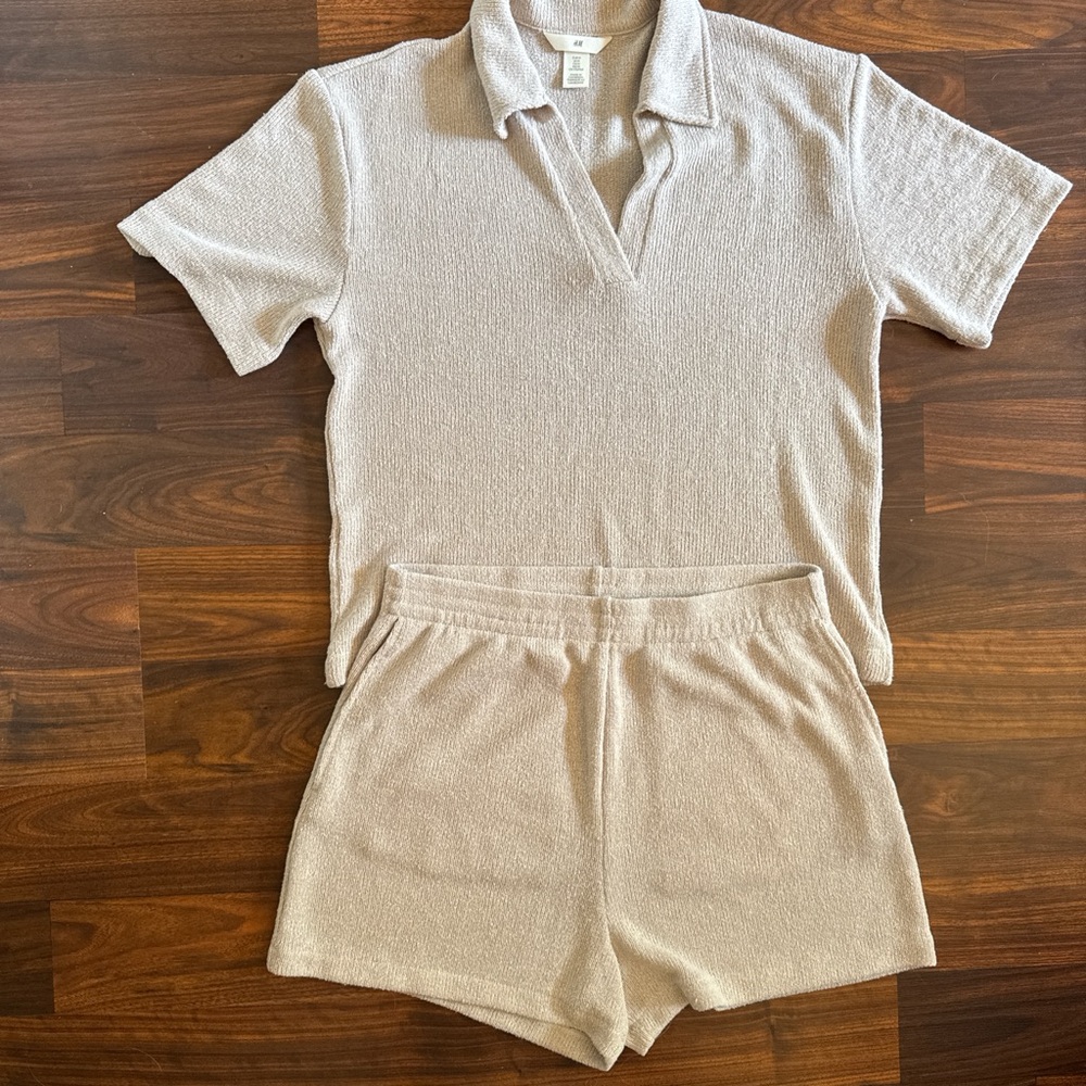 Beige Knit Polo and Shorts Set